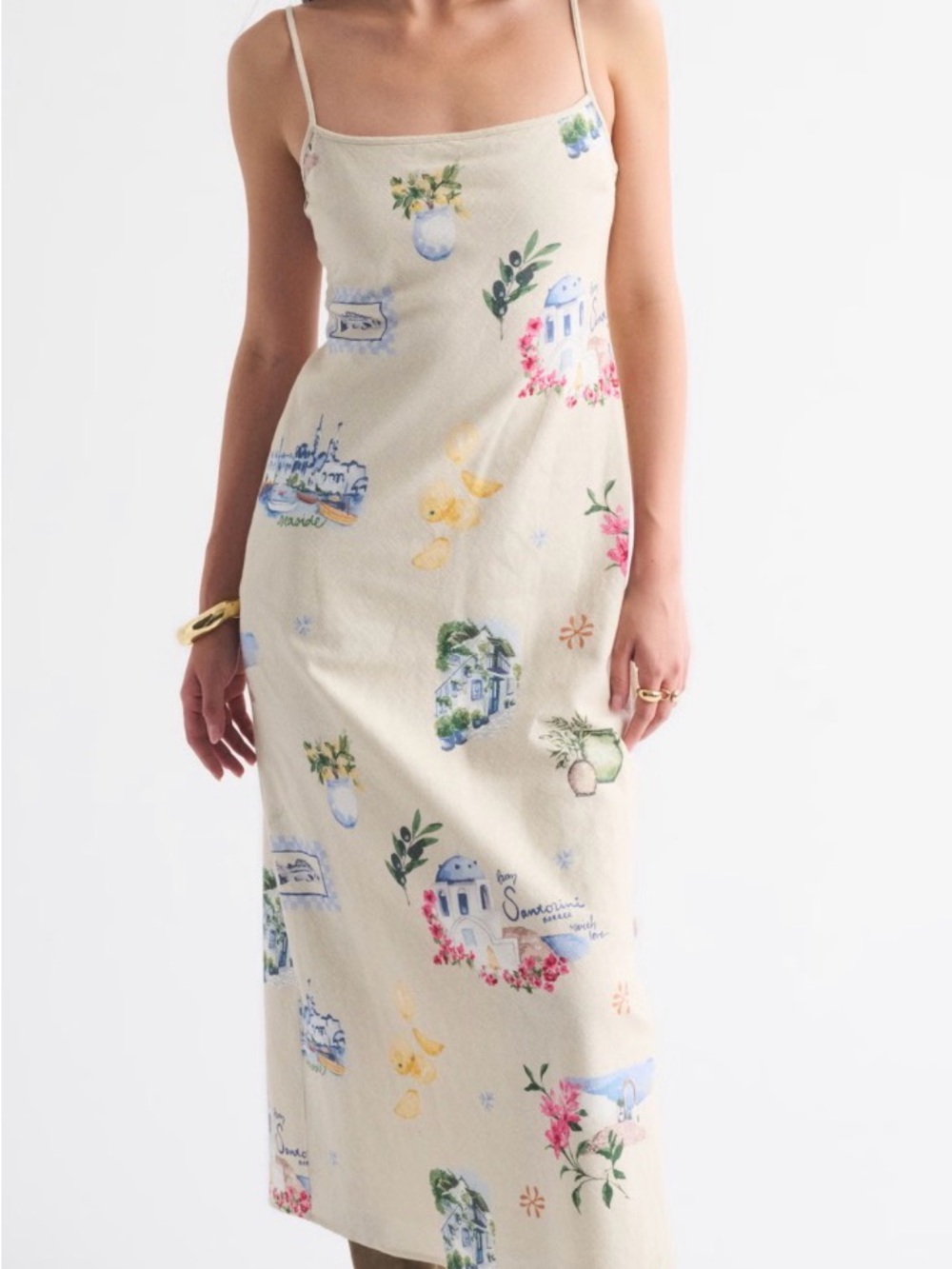 Sleeveless Cream Floral Print Slip Linen-Blend Dress